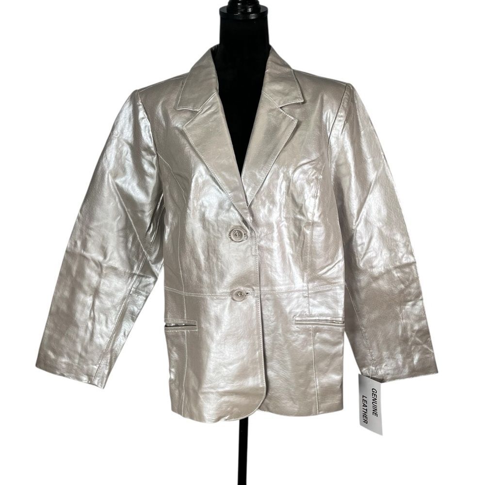 Metrostyle Silver Leather Blazer Jacket Cyber Futuristic Metallic Platinum 18W